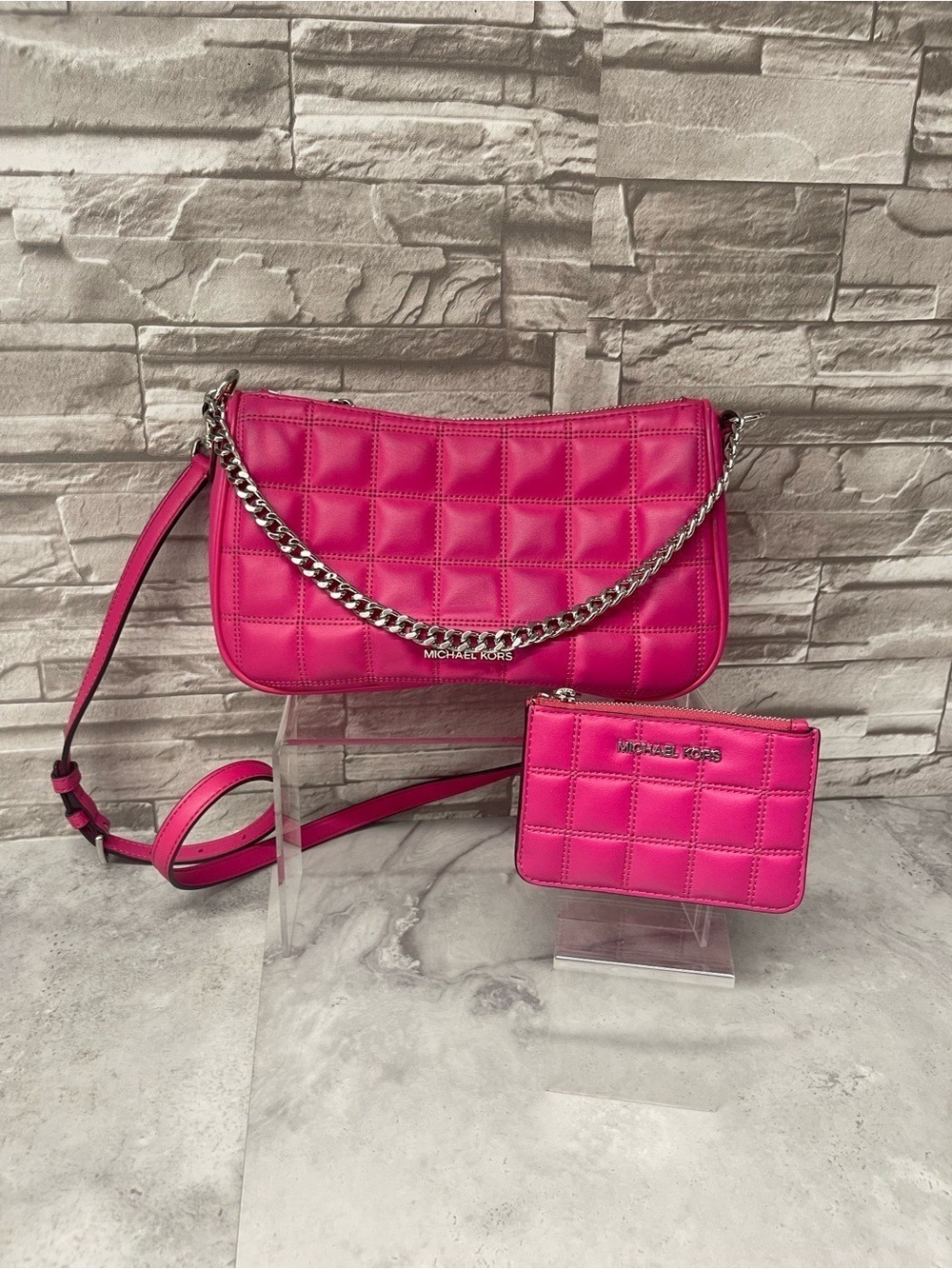 Michael Kors Carmela Quilted Crossbody Bag & Matching Wallet Dragonfruit Pink
